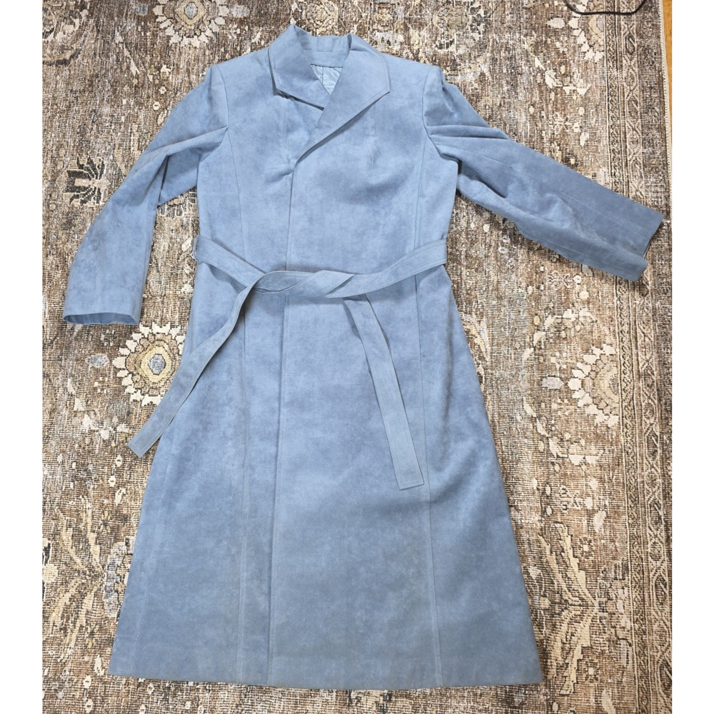 Blue Suede VTG Leather Belted Long Duster Coat Boho Western 70s Cowgirl - Picture 7 of 11